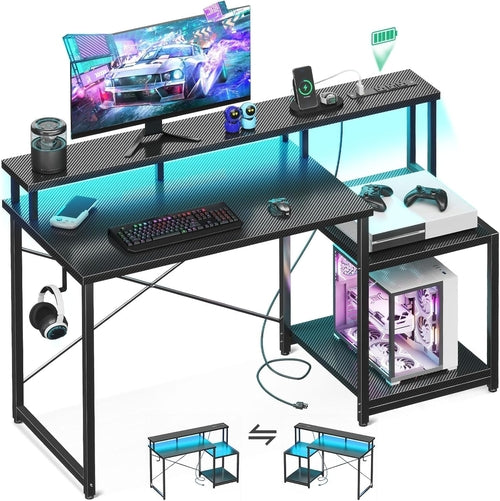 Computer Desk, 48 Inch Gaming Desk with Led Lights & Power Outlet,