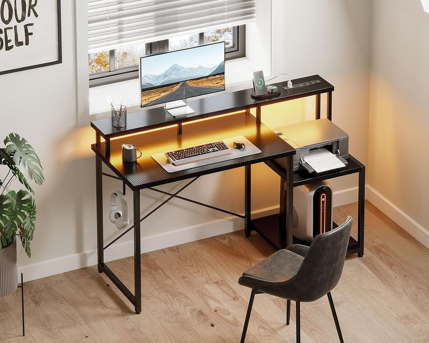 Computer Desk, 48 Inch Gaming Desk with Led Lights & Power Outlet,