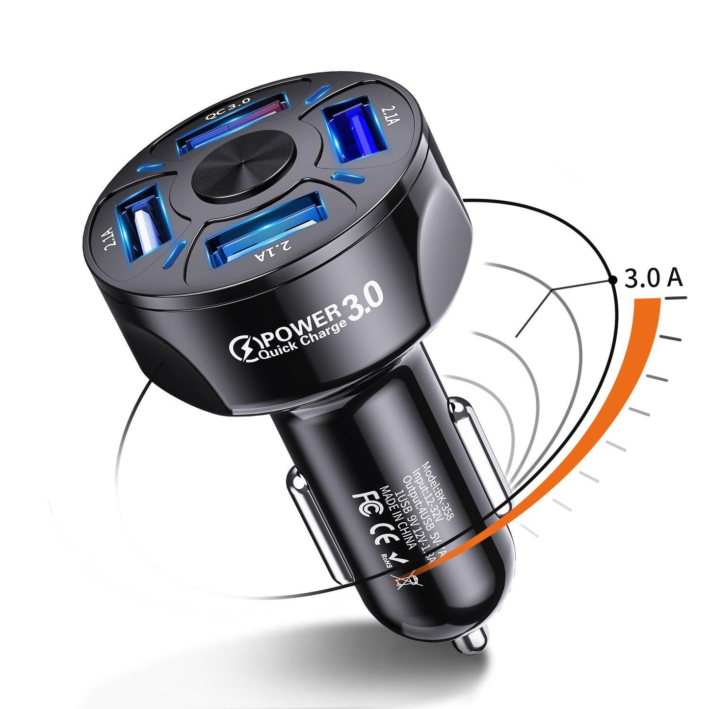 PBG LED 4 Port Rapid Car Charger - Charges 4 Devices at once!