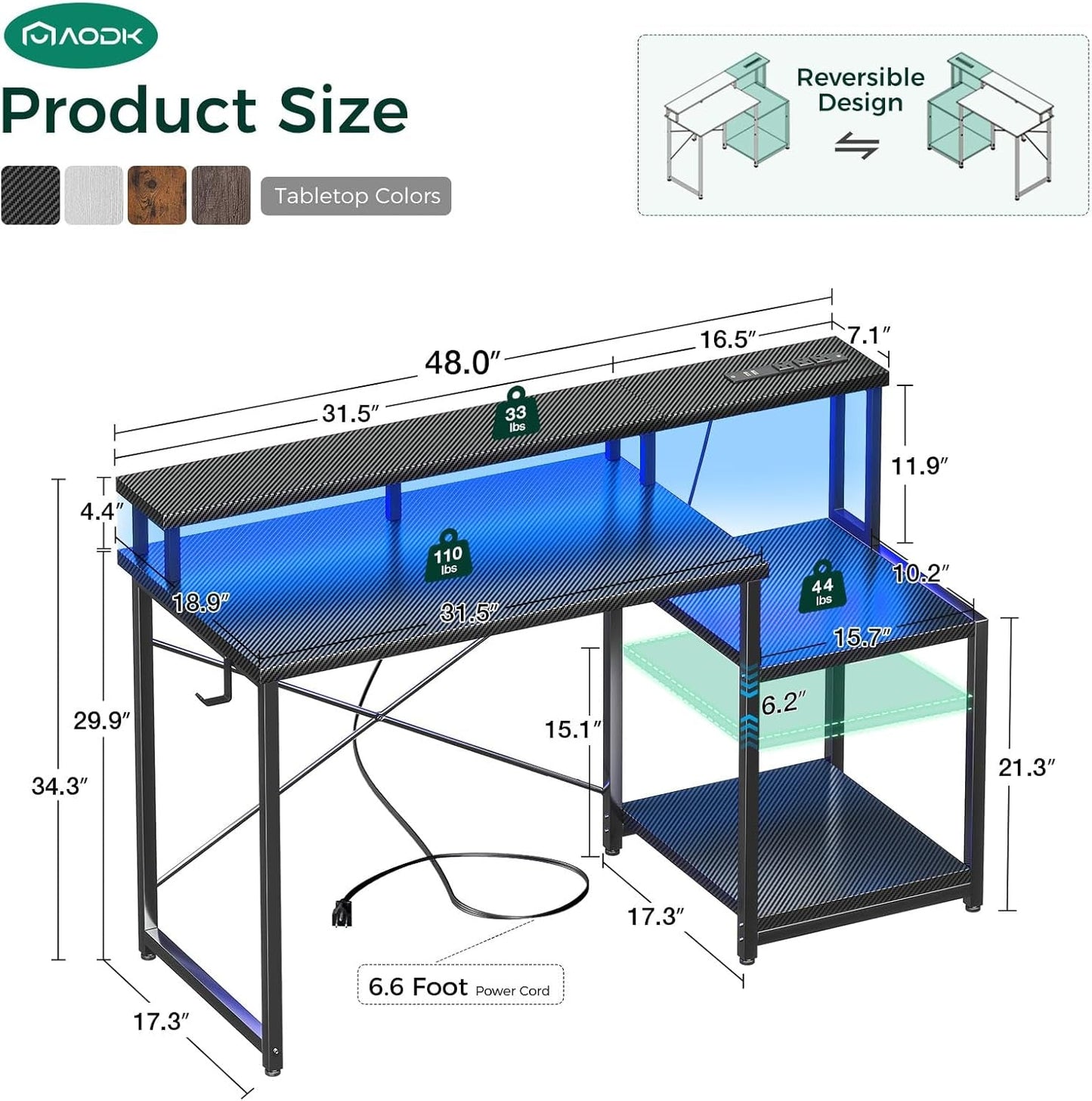 Computer Desk, 48 Inch Gaming Desk with Led Lights & Power Outlet,