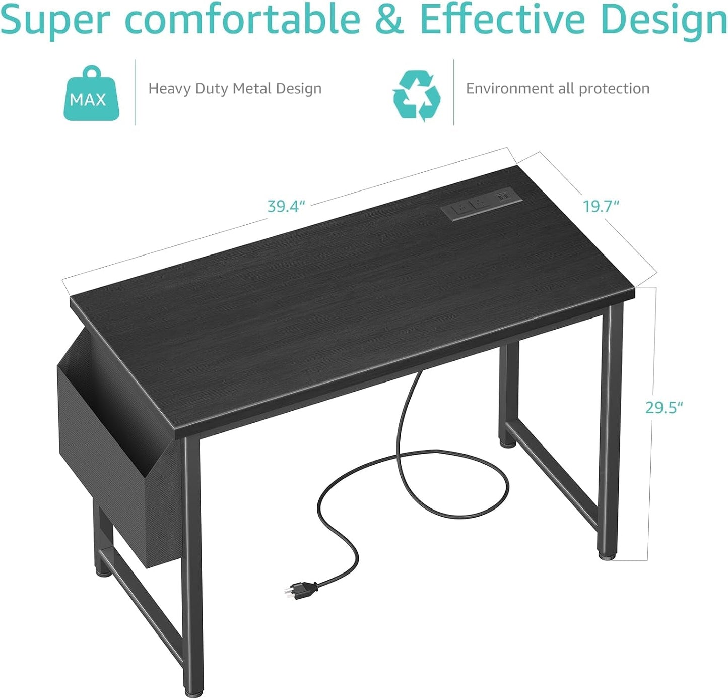 39 Inch Computer Desk with Power Outlet, 40 Inch Teen Study Table Home